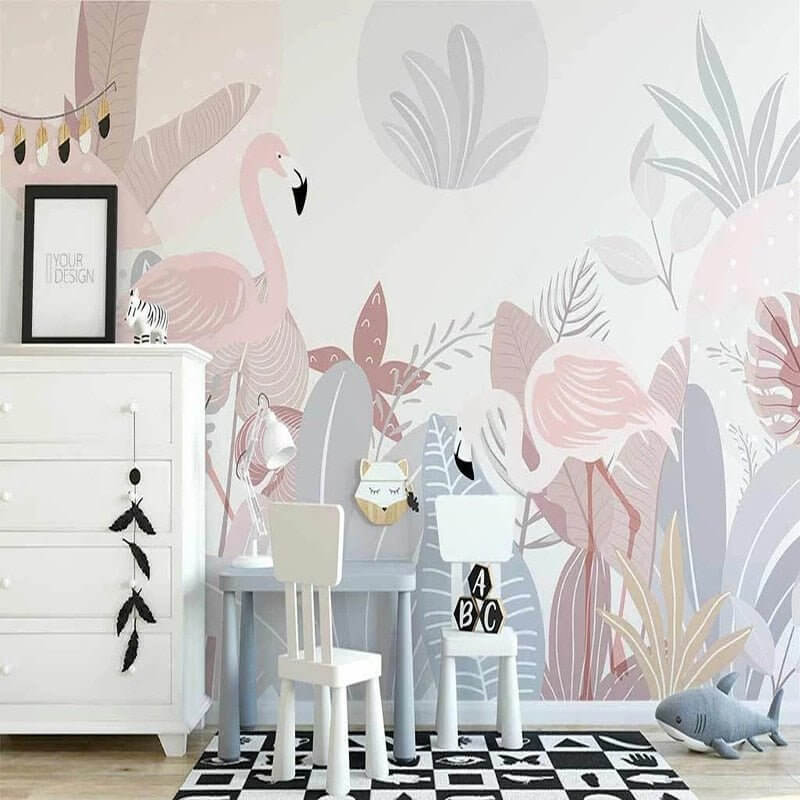 MinimalisticDecor.com-Nordic Abstract Plant Flamingo Wallpaper for Home Wall Decor