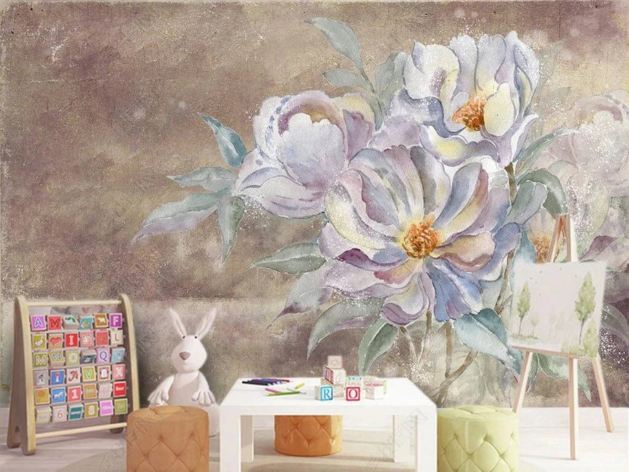 MinimalisticDecor.com-Pastel Flowers on Brush Wallpaper Mural