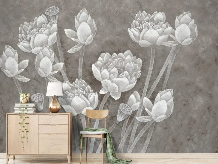 MinimalisticDecor.com-Pencil Sketch Flowers Wallpaper Mural