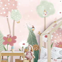 MinimalisticDecor.com-Pink and Green Shade Forest with Fairies Flying Nursery Wallpaper