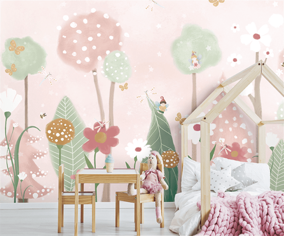 MinimalisticDecor.com-Pink and Green Shade Forest with Fairies Flying Nursery Wallpaper