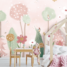 MinimalisticDecor.com-Pink and Green Shade Forest with Fairies Flying Nursery Wallpaper