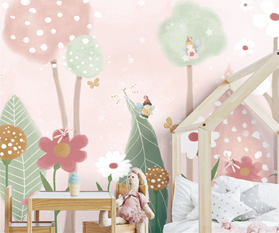 MinimalisticDecor.com-Pink and Green Shade Forest with Fairies Flying Nursery Wallpaper
