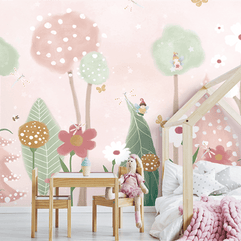 MinimalisticDecor.com-Pink and Green Shade Forest with Fairies Flying Nursery Wallpaper