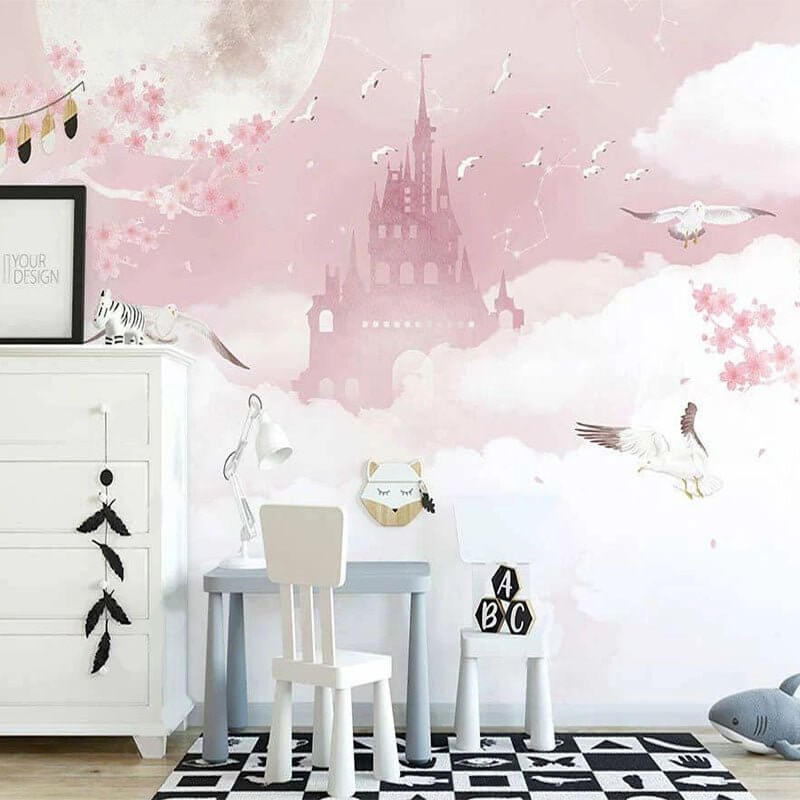 MinimalisticDecor.com-Pink Castle in Clouds Nursery Wallpaper