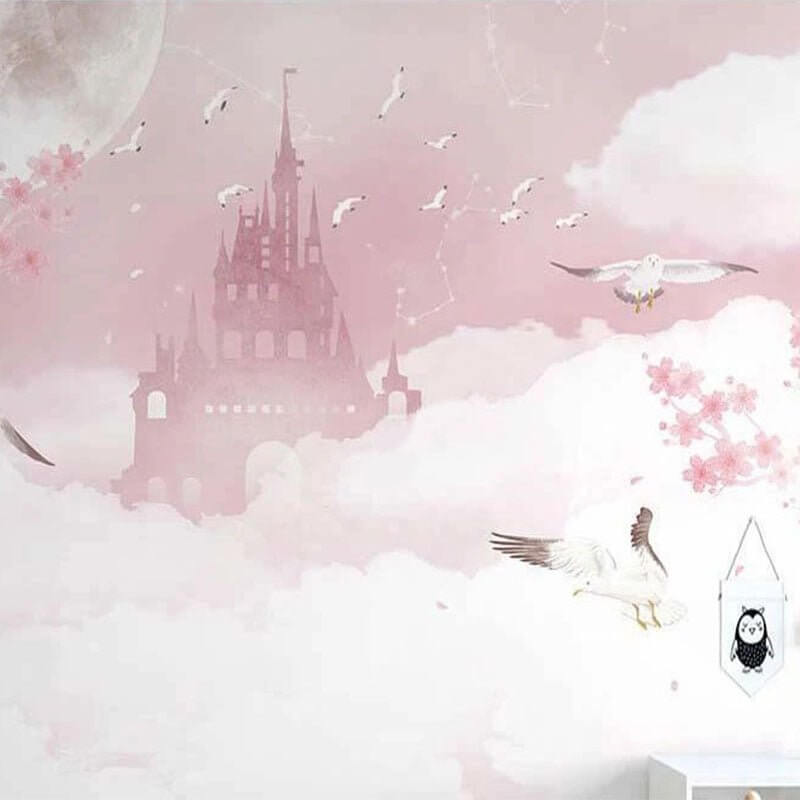 MinimalisticDecor.com-Pink Castle in Clouds Nursery Wallpaper