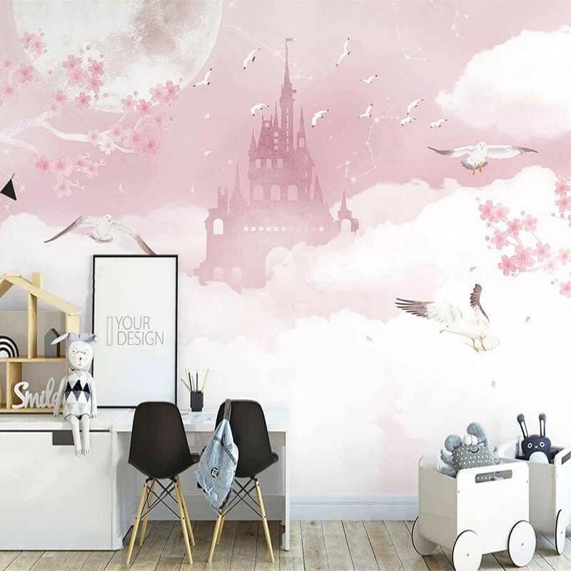 MinimalisticDecor.com-Pink Castle in Clouds Nursery Wallpaper