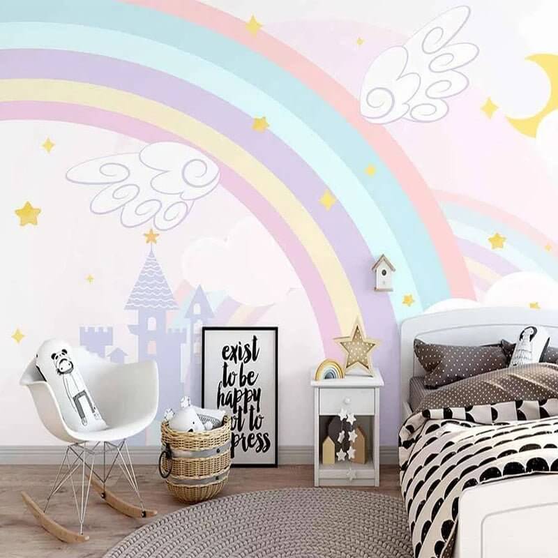 MinimalisticDecor.com-Pink Castle with Rainbow Nursery Wallpaper