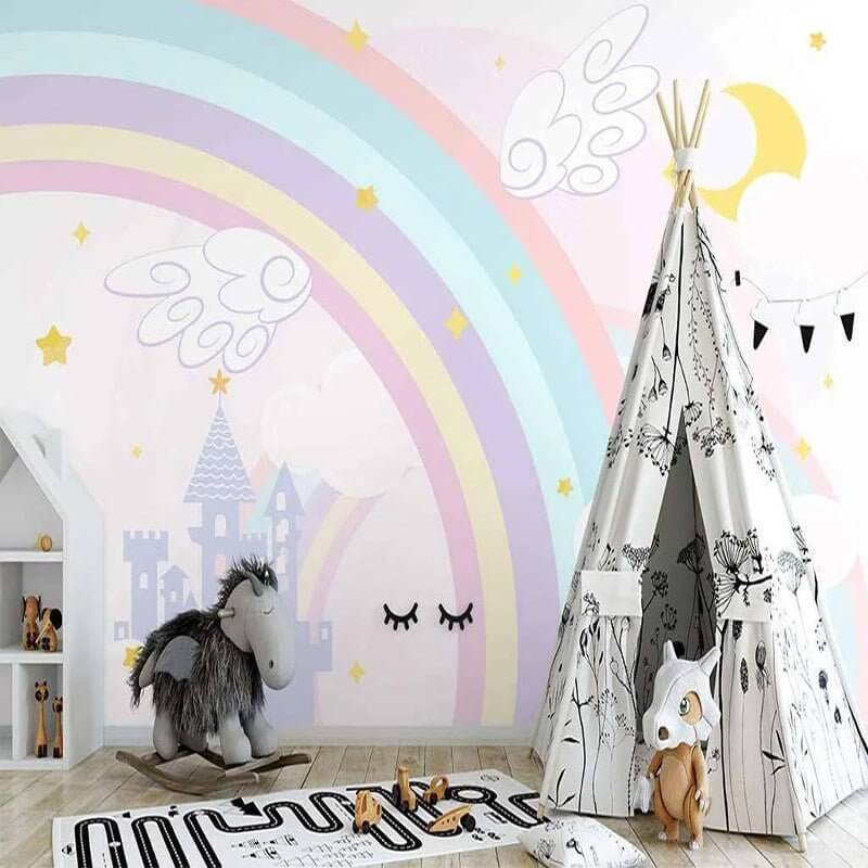 MinimalisticDecor.com-Pink Castle with Rainbow Nursery Wallpaper