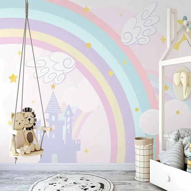 MinimalisticDecor.com-Pink Castle with Rainbow Nursery Wallpaper
