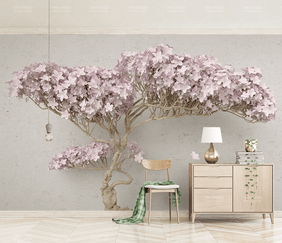 MinimalisticDecor.com-Pink Flowers Design Theme - 3D Tree Wallpaper Murals