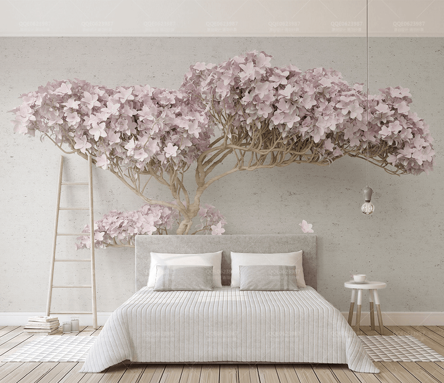 MinimalisticDecor.com-Pink Flowers Design Theme - 3D Tree Wallpaper Murals