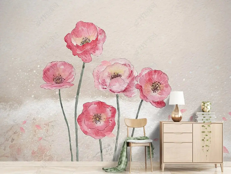 MinimalisticDecor.com-Pink Morning Flowers Wallpaper Mural