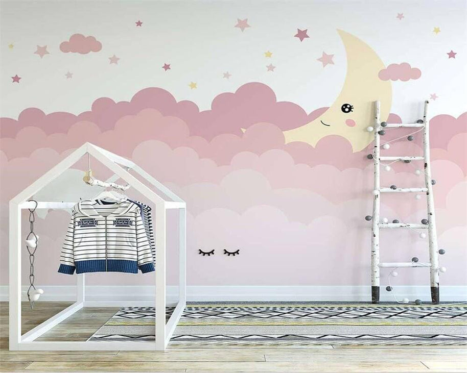 MinimalisticDecor.com-Pink Shade Cloud Waves and Moon Nursery Wallpaper
