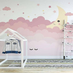 MinimalisticDecor.com-Pink Shade Cloud Waves and Moon Nursery Wallpaper