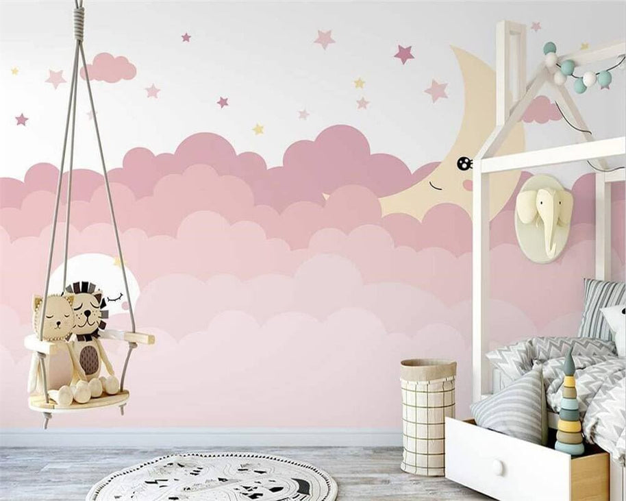 MinimalisticDecor.com-Pink Shade Cloud Waves and Moon Nursery Wallpaper