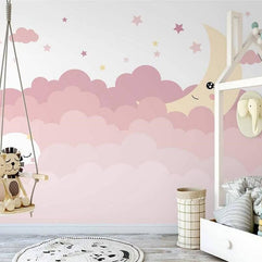 MinimalisticDecor.com-Pink Shade Cloud Waves and Moon Nursery Wallpaper
