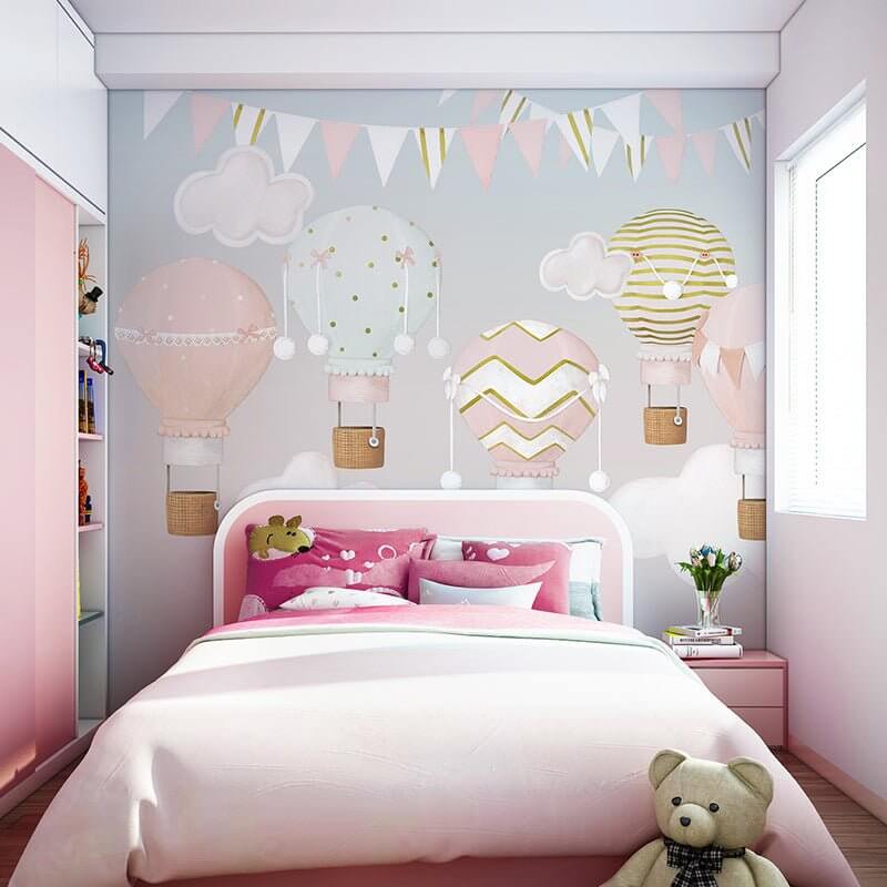 MinimalisticDecor.com-Pinkish Sky with Air Balloons Nursery Wallpaper
