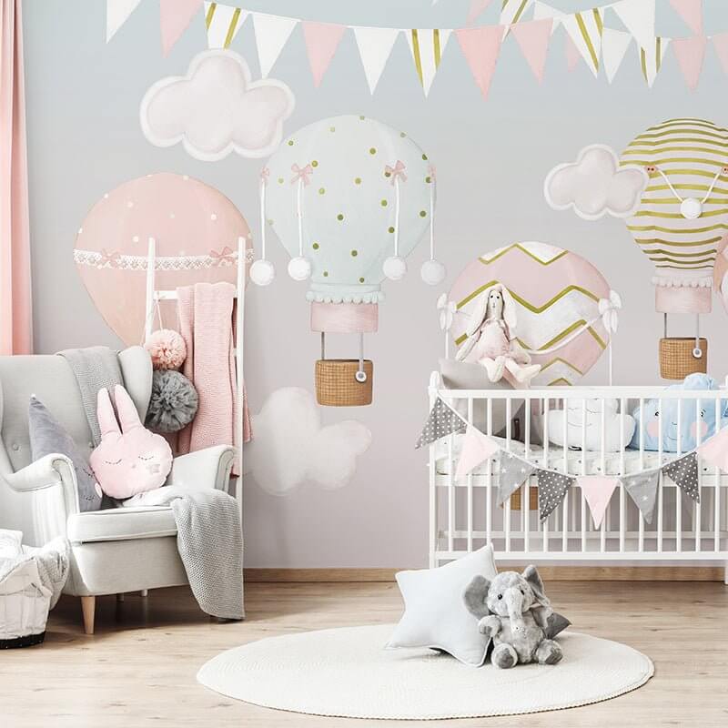 MinimalisticDecor.com-Pinkish Sky with Air Balloons Nursery Wallpaper