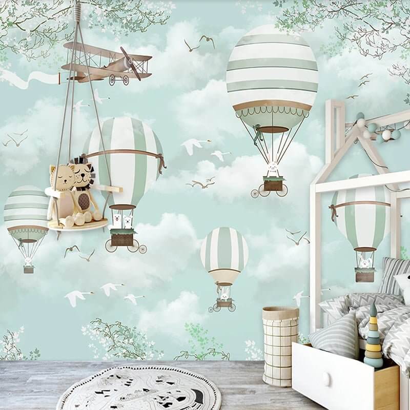 MinimalisticDecor.com-Polar Bears Flying on Air Balloons Nursery Wallpaper