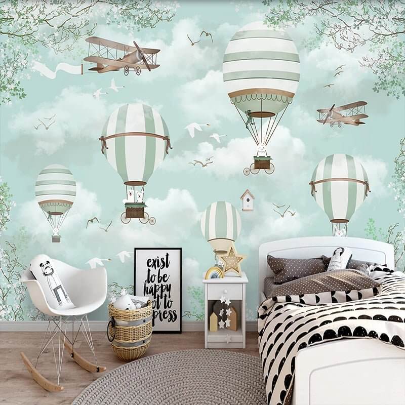 MinimalisticDecor.com-Polar Bears Flying on Air Balloons Nursery Wallpaper