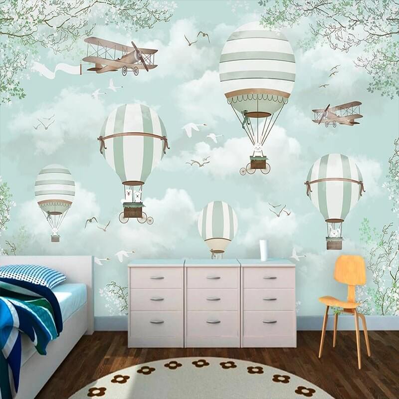 MinimalisticDecor.com-Polar Bears Flying on Air Balloons Nursery Wallpaper