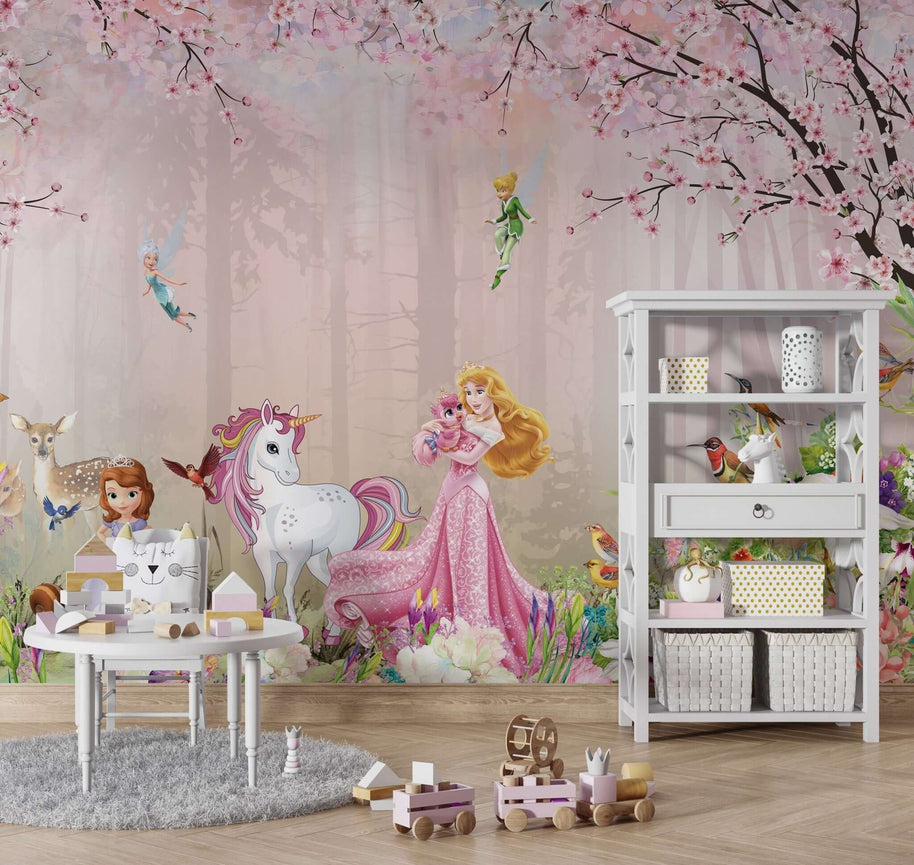MinimalisticDecor.com-Princess Aurora Pink Floral Girls Room Wallpaper