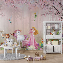 MinimalisticDecor.com-Princess Aurora Pink Floral Girls Room Wallpaper