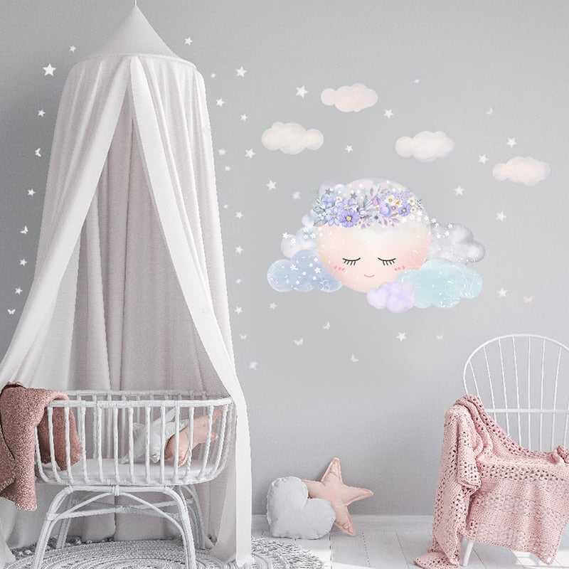 MinimalisticDecor.com-Purple Flower Sleeping Moon Clouds and Stars Wall Sticker