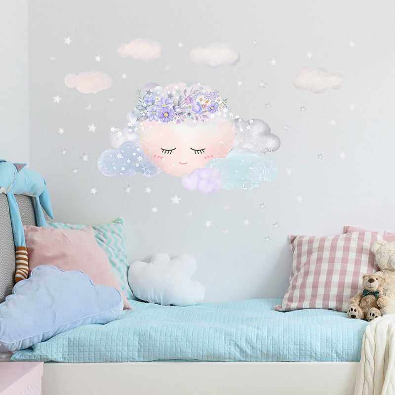 MinimalisticDecor.com-Purple Flower Sleeping Moon Clouds and Stars Wall Sticker
