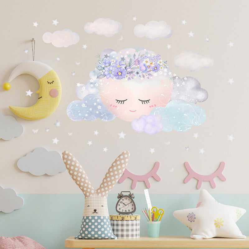 MinimalisticDecor.com-Purple Flower Sleeping Moon Clouds and Stars Wall Sticker