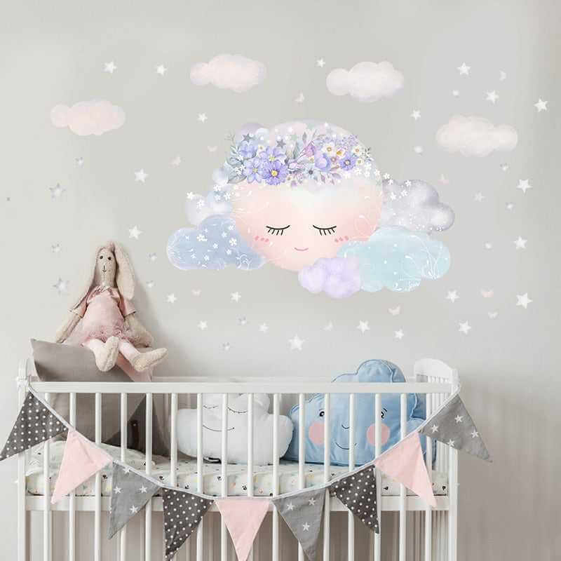 MinimalisticDecor.com-Purple Flower Sleeping Moon Clouds and Stars Wall Sticker
