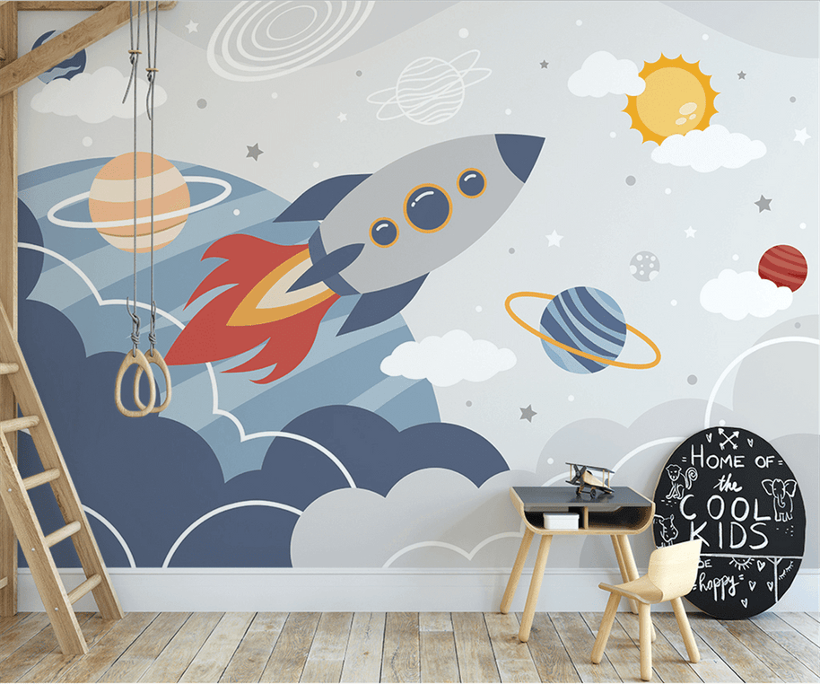 MinimalisticDecor.com-Rocket to Space over Earth Nursery Wallpaper
