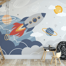MinimalisticDecor.com-Rocket to Space over Earth Nursery Wallpaper