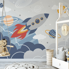 MinimalisticDecor.com-Rocket to Space over Earth Nursery Wallpaper