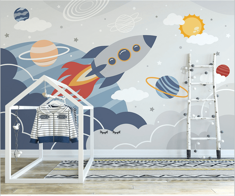 MinimalisticDecor.com-Rocket to Space over Earth Nursery Wallpaper