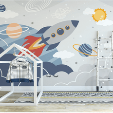 MinimalisticDecor.com-Rocket to Space over Earth Nursery Wallpaper