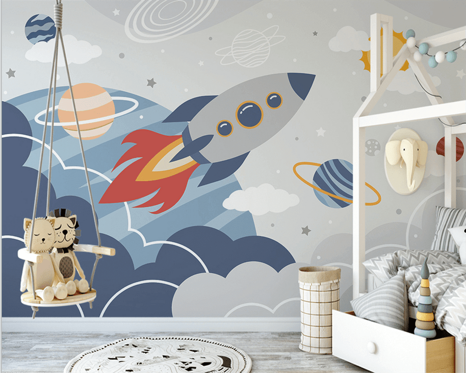 MinimalisticDecor.com-Rocket to Space over Earth Nursery Wallpaper