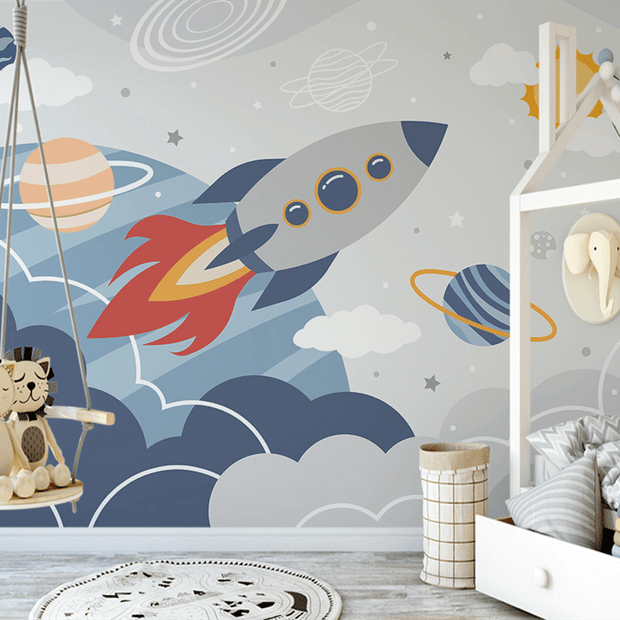 MinimalisticDecor.com-Rocket to Space over Earth Nursery Wallpaper