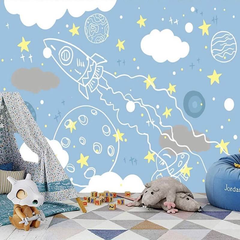 MinimalisticDecor.com-Rocket to Space Sketch Nursery Wallpaper