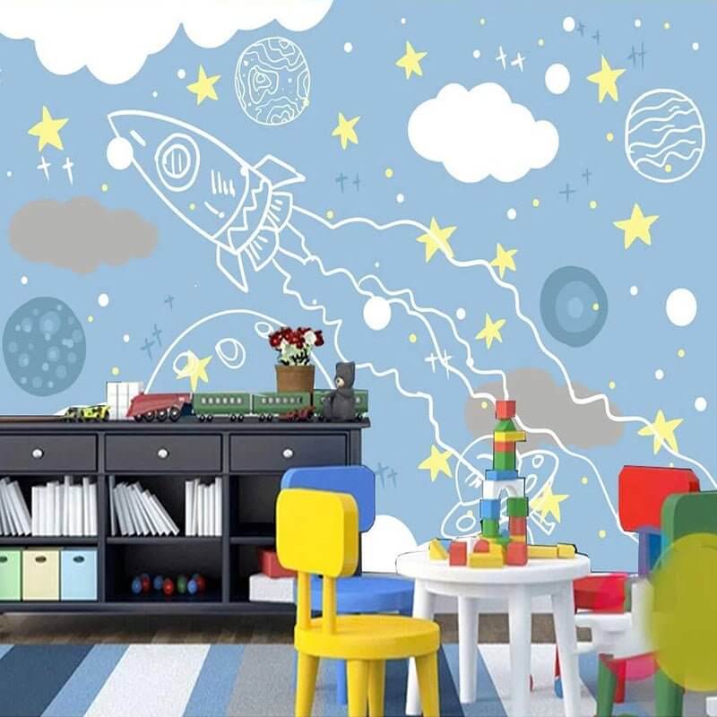 MinimalisticDecor.com-Rocket to Space Sketch Nursery Wallpaper