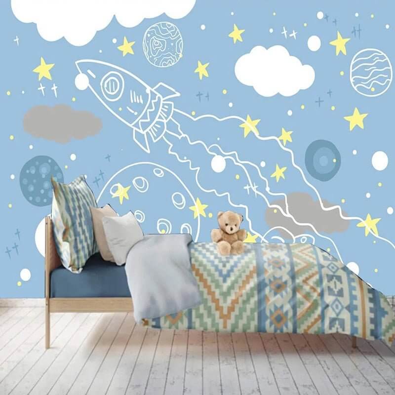 MinimalisticDecor.com-Rocket to Space Sketch Nursery Wallpaper
