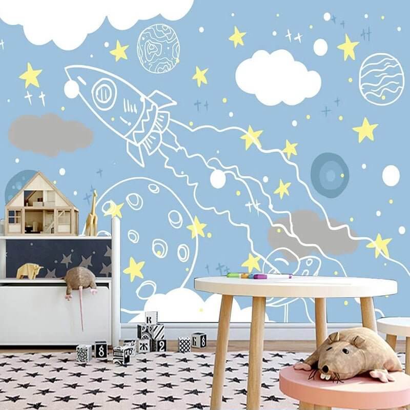 MinimalisticDecor.com-Rocket to Space Sketch Nursery Wallpaper