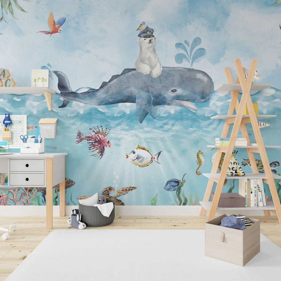 MinimalisticDecor.com-Sea Whale Captain - Kids Nursery Wallpaper Mural
