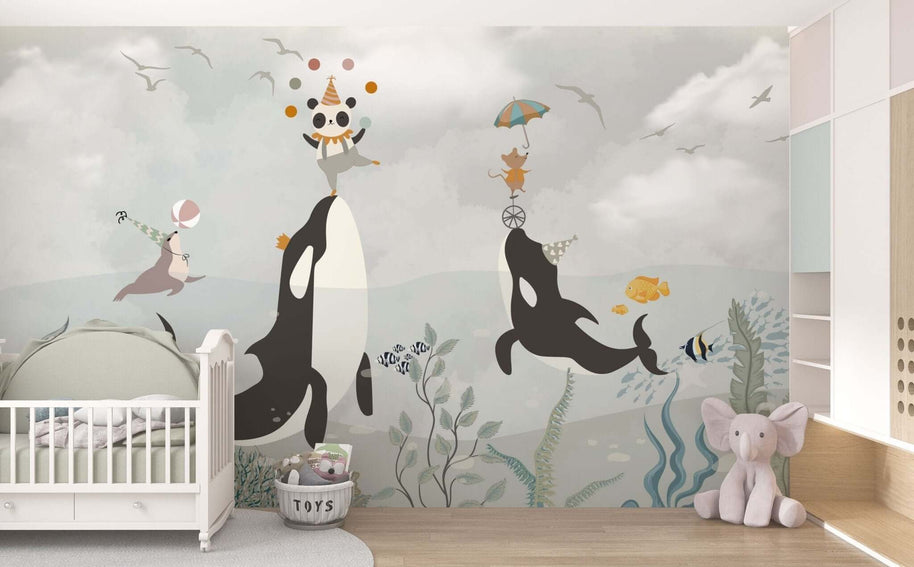 MinimalisticDecor.com-Sea Whale Circus - Kids Room Wallpaper Mural