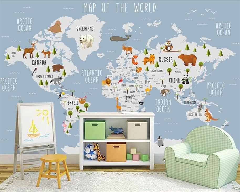 MinimalisticDecor.com-Skyland Nursery Light Blue and White World Map Wallpaper