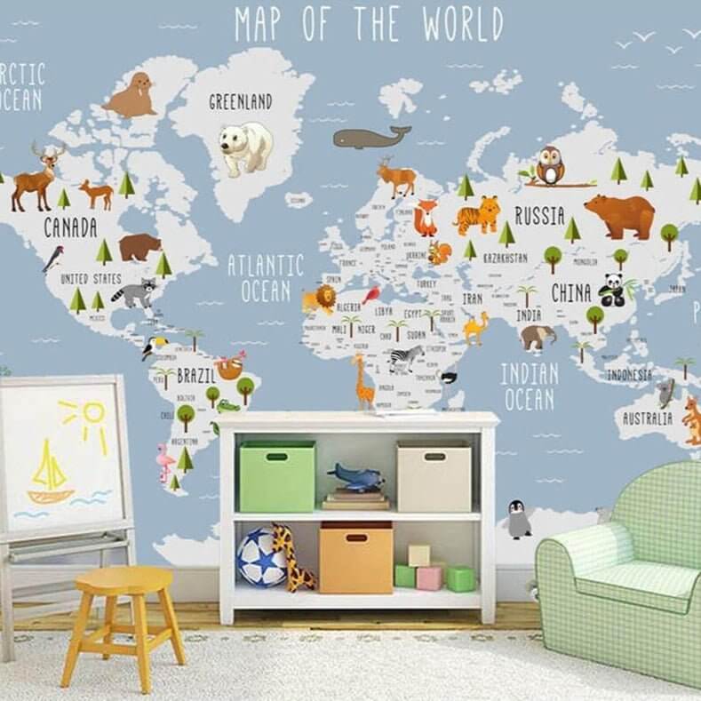 MinimalisticDecor.com-Skyland Nursery Light Blue and White World Map Wallpaper