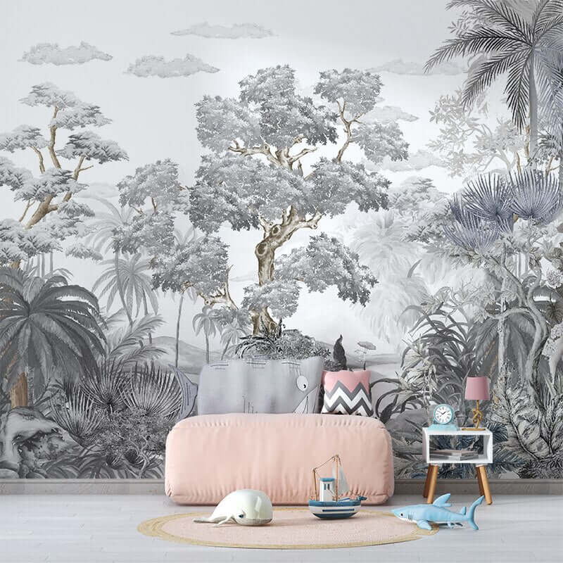 MinimalisticDecor.com-Sophisticated Monochrome Jungle Mural Wallpaper