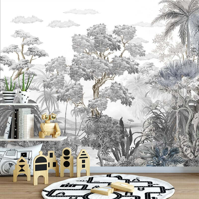 MinimalisticDecor.com-Sophisticated Monochrome Jungle Mural Wallpaper