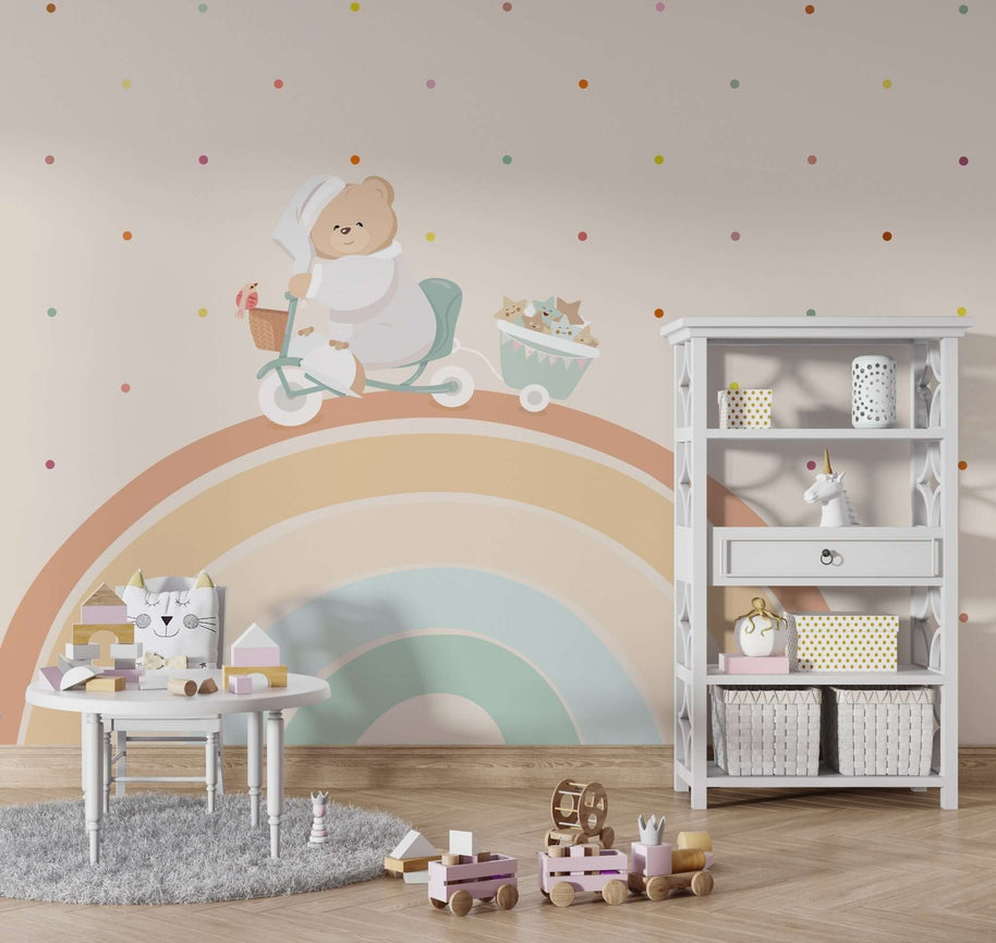 MinimalisticDecor.com-Teddy on Bike: Baby Nursery Wallpaper Mural
